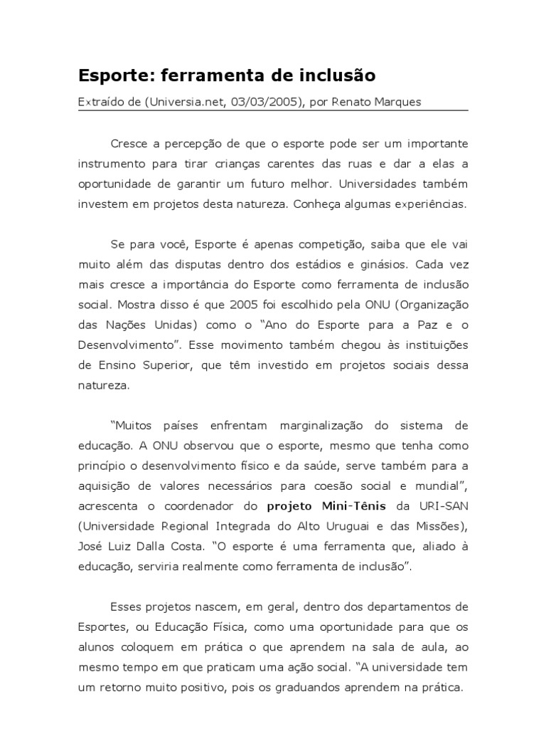 O Esporte Como Ferramenta De Inclusão Social Redação Nota 1000