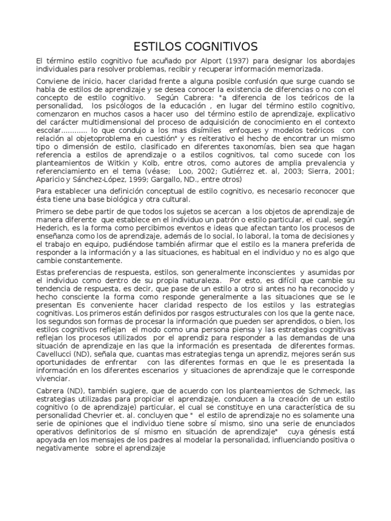 Clasificación de Estilos Cognitivos | PDF | Aprendizaje | Sicología