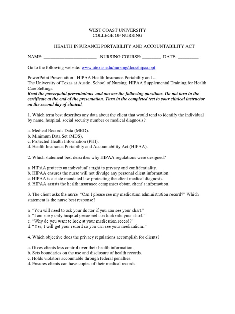 Hipaa Quiz Health Insurance Portability And Accountability Act