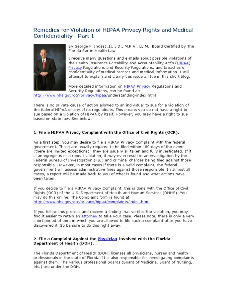 Remedies For Violation of HIPAA Privacy Rights and Medical Confidentiality PDF Health