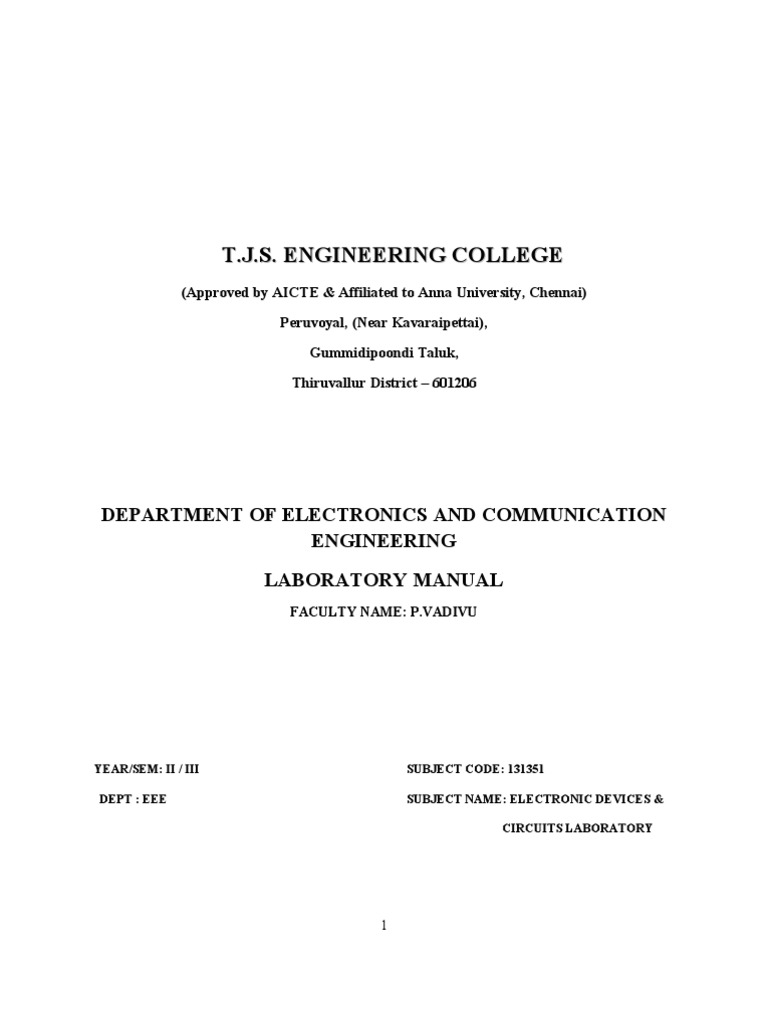 Electrical And Electronics Engineering Lab Manual In Edc Lab