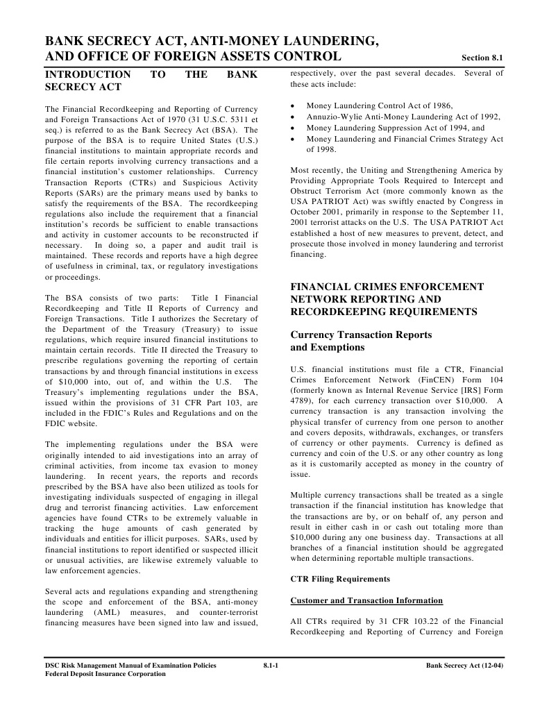 BSA Manual | Money Laundering | Patriot Act