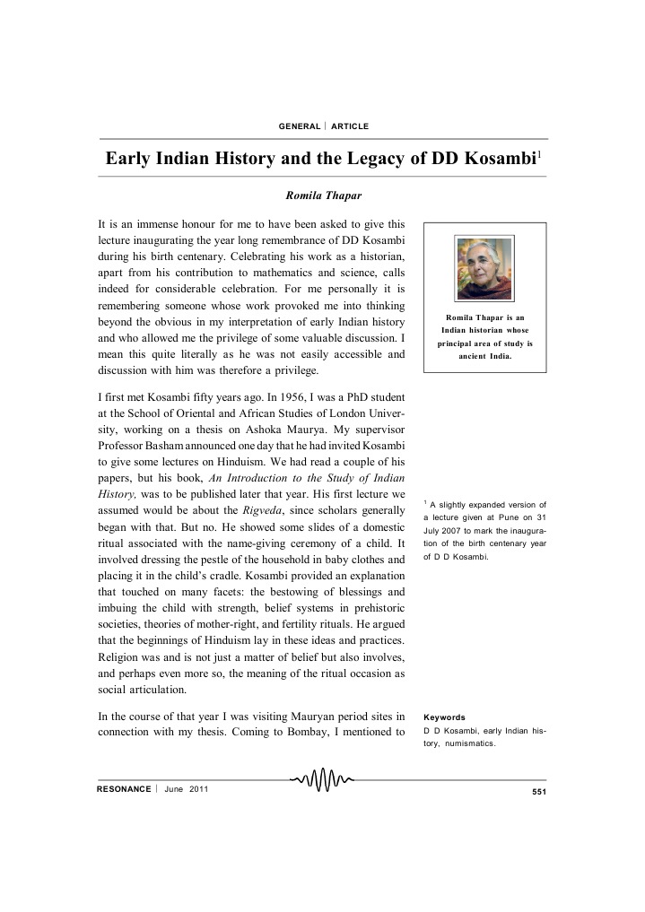 Early Indian History and The Legacy of DD Kosambi Romila Thapar PDF