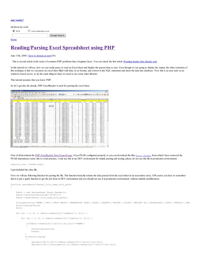 PHP Excel Parsing Tutorial | PDF | Microsoft Excel | Php