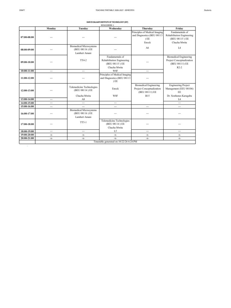 Teaching Timetable 2026-2027- Semester I - Draft 1- Students.pdf | PDF ...