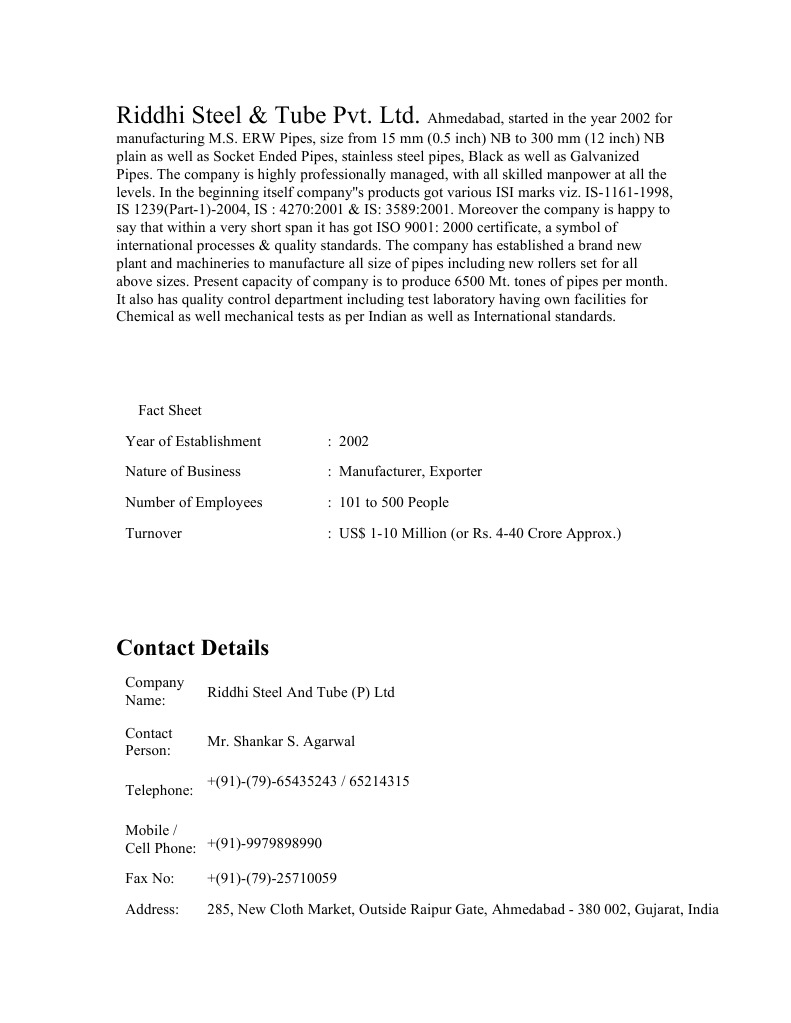 Riddhi Steel & Tube Pvt. LTD. Contact Details PDF Pipe (Fluid Conveyance) Industries