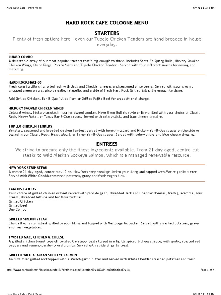 Hard Rock Cafe - Print Menu | Download Free PDF | Salad | Coleslaw