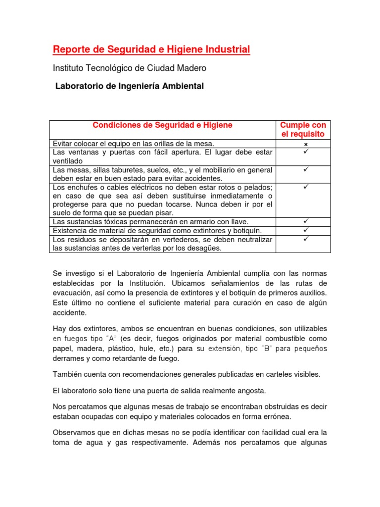 Informe de Seguridad e Higiene Industrial | PDF | Laboratorios ...