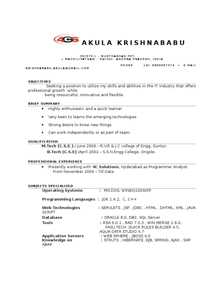 Akula Krishna Babu's IT Resume | PDF | Java Server Pages | Java Servlet
