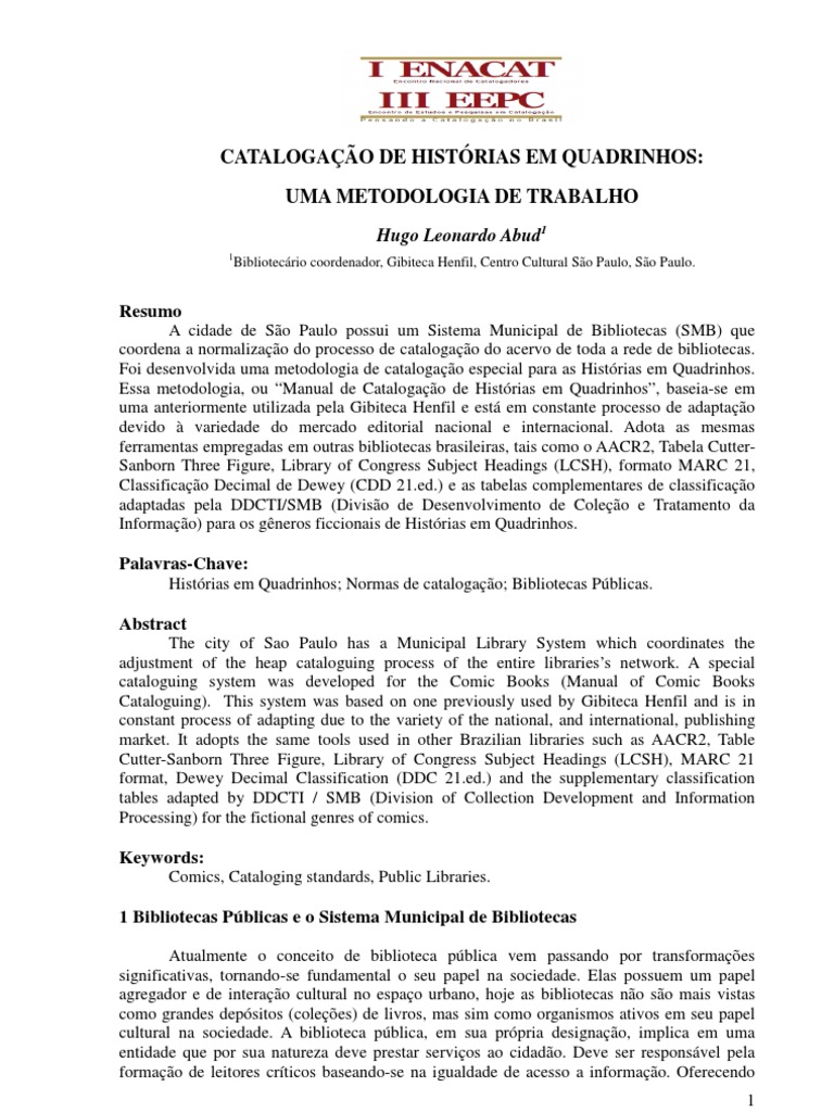 Metodologia de Catalogação de Quadrinhos | PDF | Bibliotecas | Quadrinhos