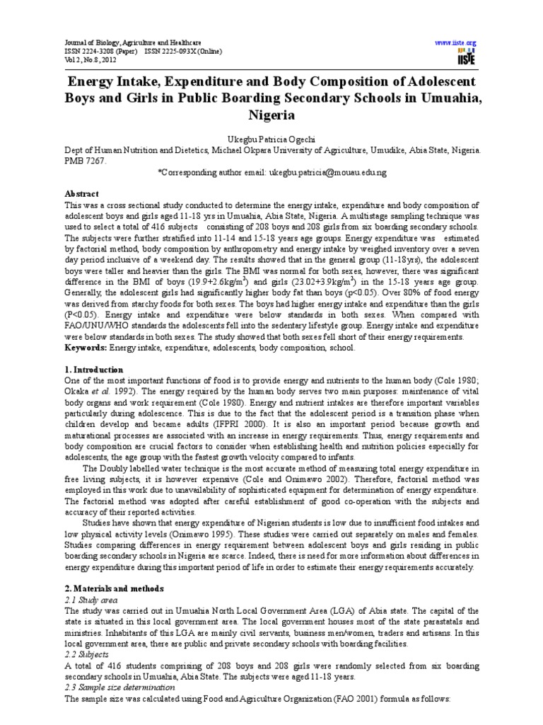 Energy Intake, Expenditure and Body Composition of Adolescent Boys and ...