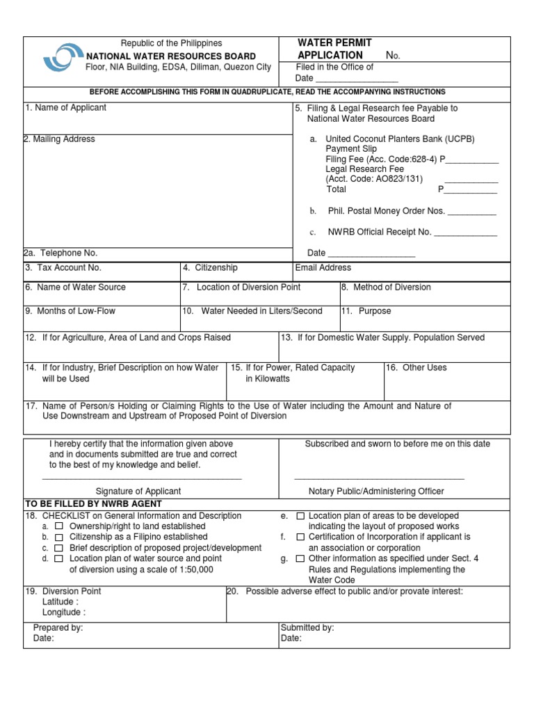 Water Permit Application Form PDF Water Resources Cashier s Check