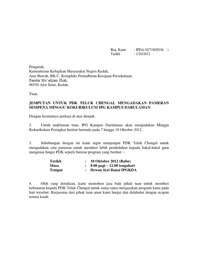 Contoh Surat Jemputan Rasmi Kepada Perdana Menteri Berkuih M