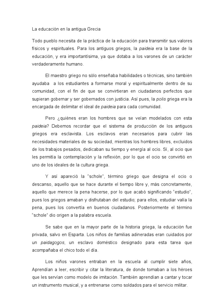 La Educación en La Antigua Grecia | PDF | Antigua Grecia | Ocio