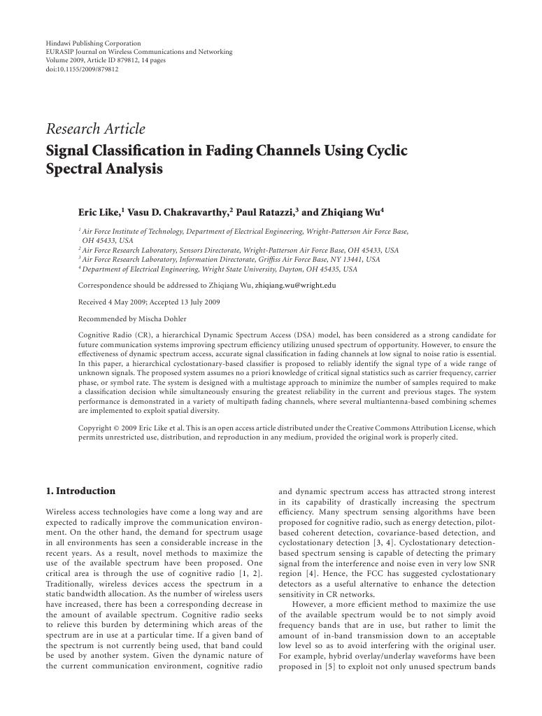 Research Article: Signal Classification in Fading Channels Using Cyclic ...