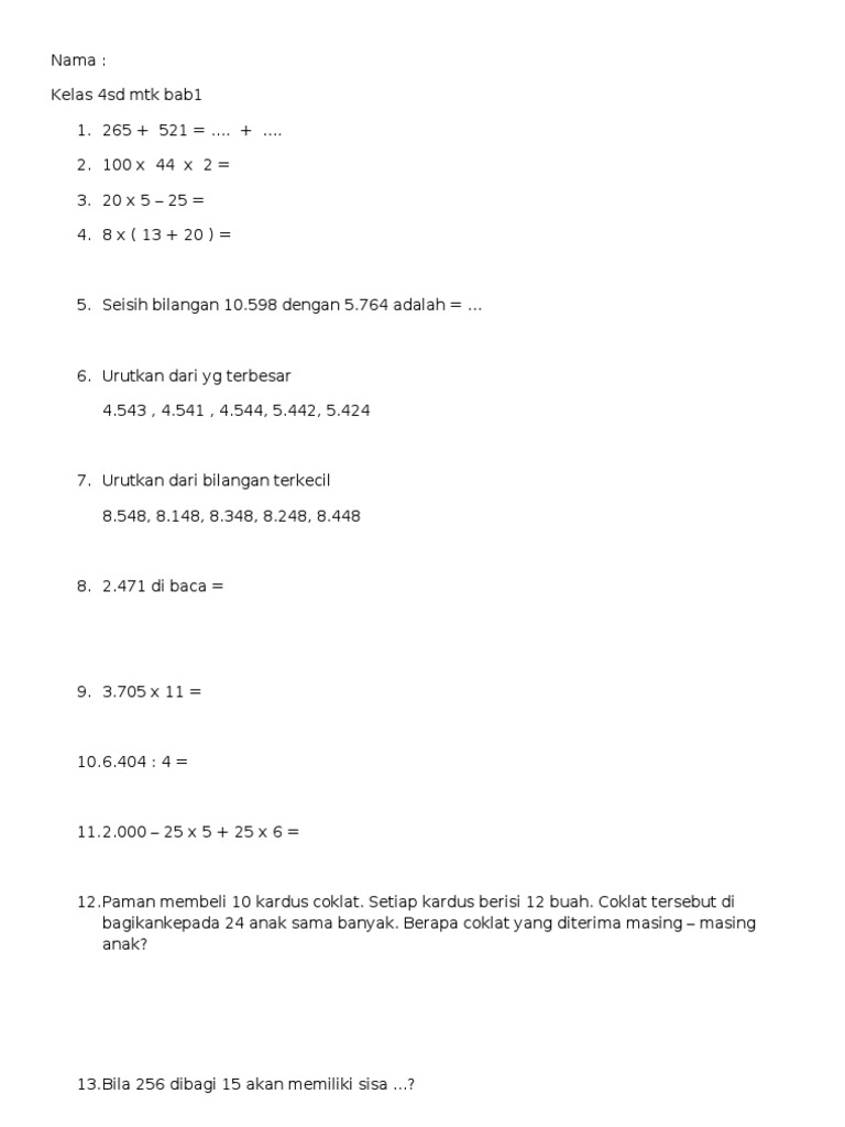 Soal Matematika Kelas 4 Bab 1 | PDF