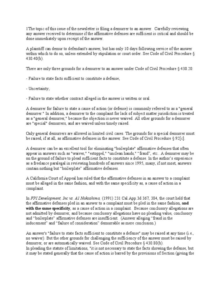 Demurrer To Answer in California | PDF | Demurrer | Pleading