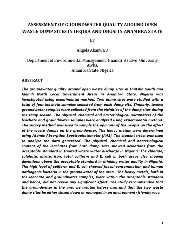 Groundwater Quality Near Waste Dumps in Anambra | PDF | Water Quality ...