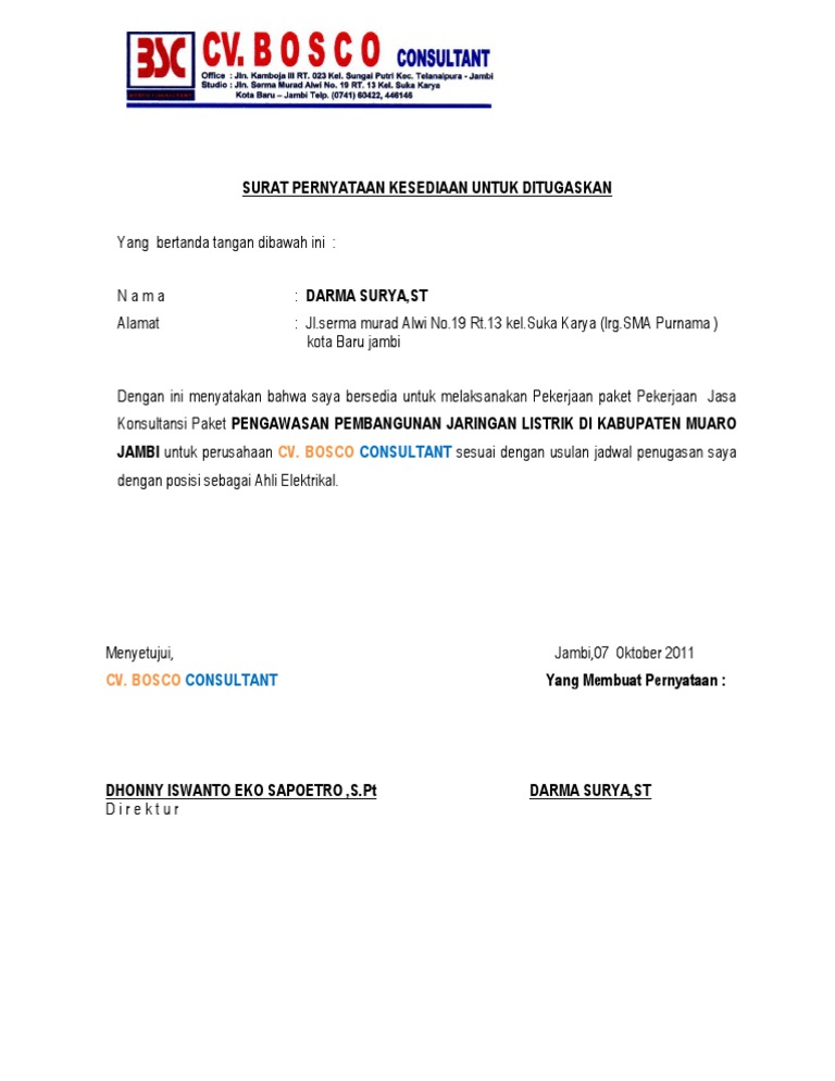 Surat Pernyataan Kesediaan Untuk Ditugaskan