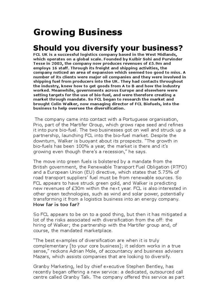 Should You Diversify Your Business Pdf Biofuel Diversification