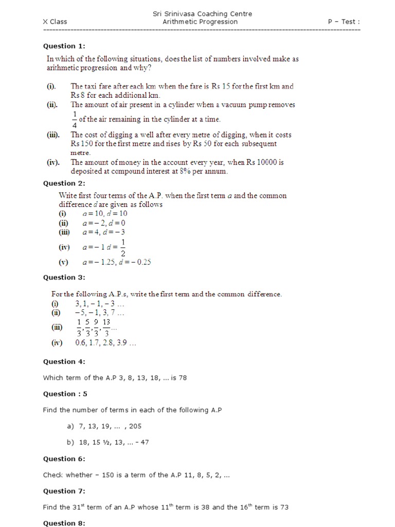 Arithmetic Progression Worksheet PDF Arithmetic Mathematical Objects
