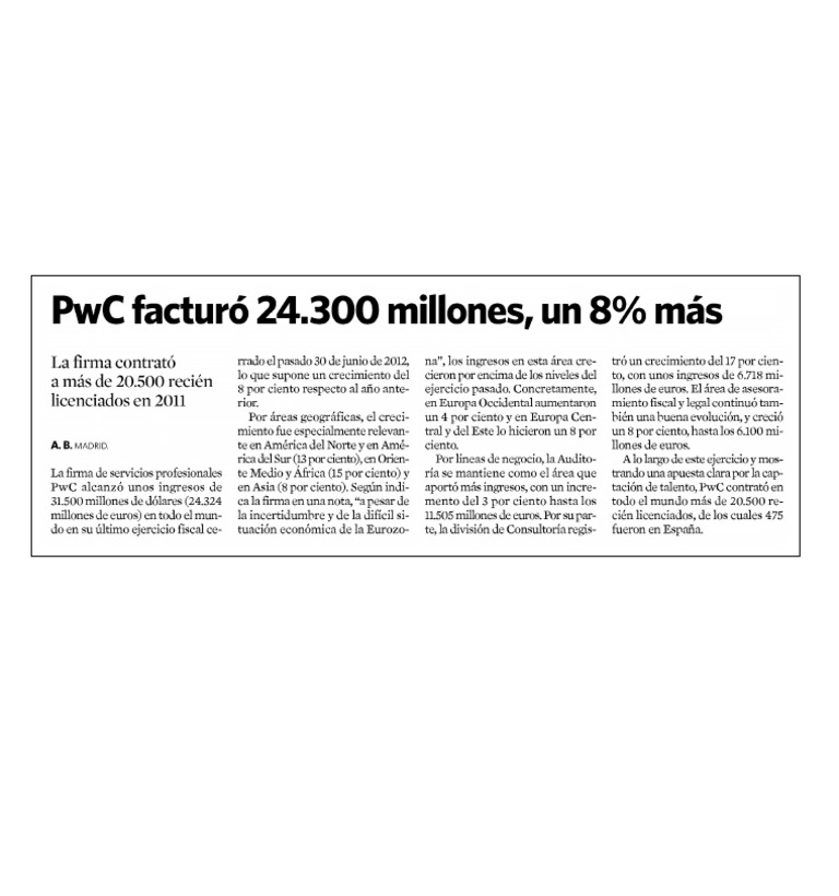 PWC Facturó 24.300 Millones, Un 8% Más | PDF | Negocios | Ciencias sociales