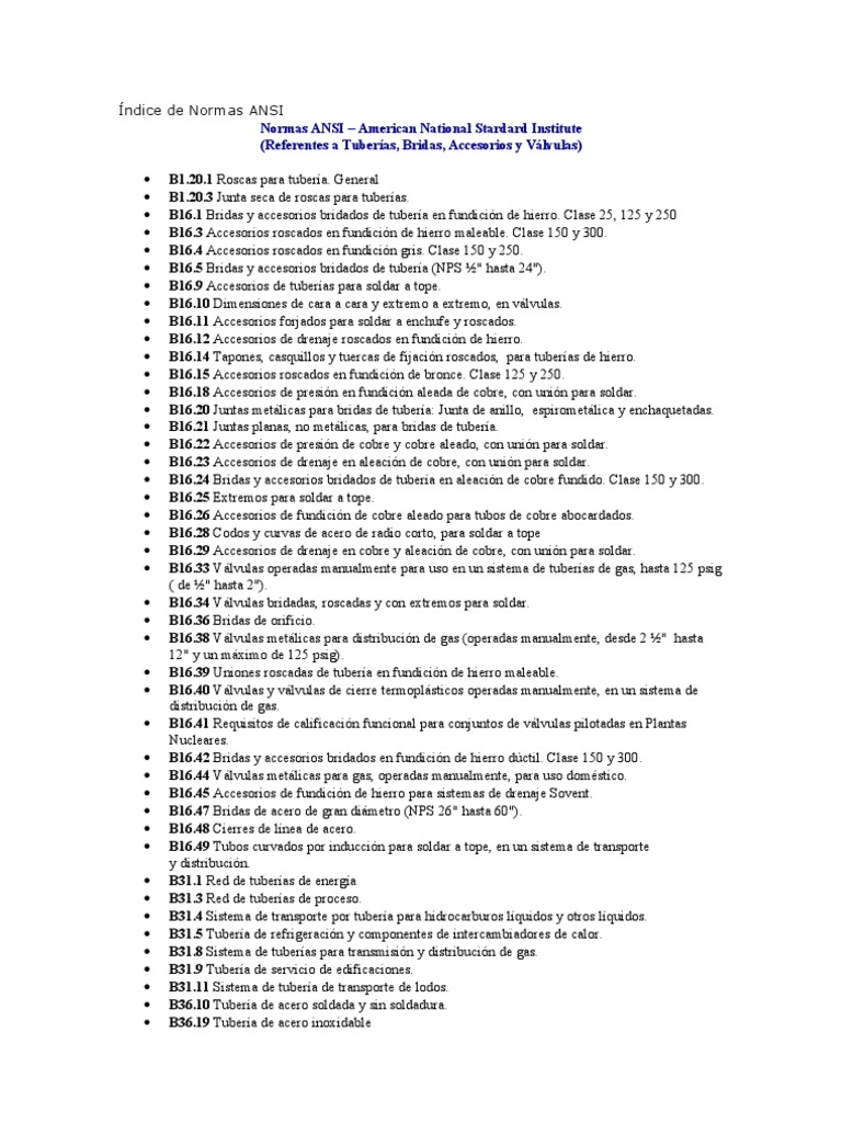 Índice de Normas ANSI Api | PDF | Tubería (transporte de fluidos) | Cobre