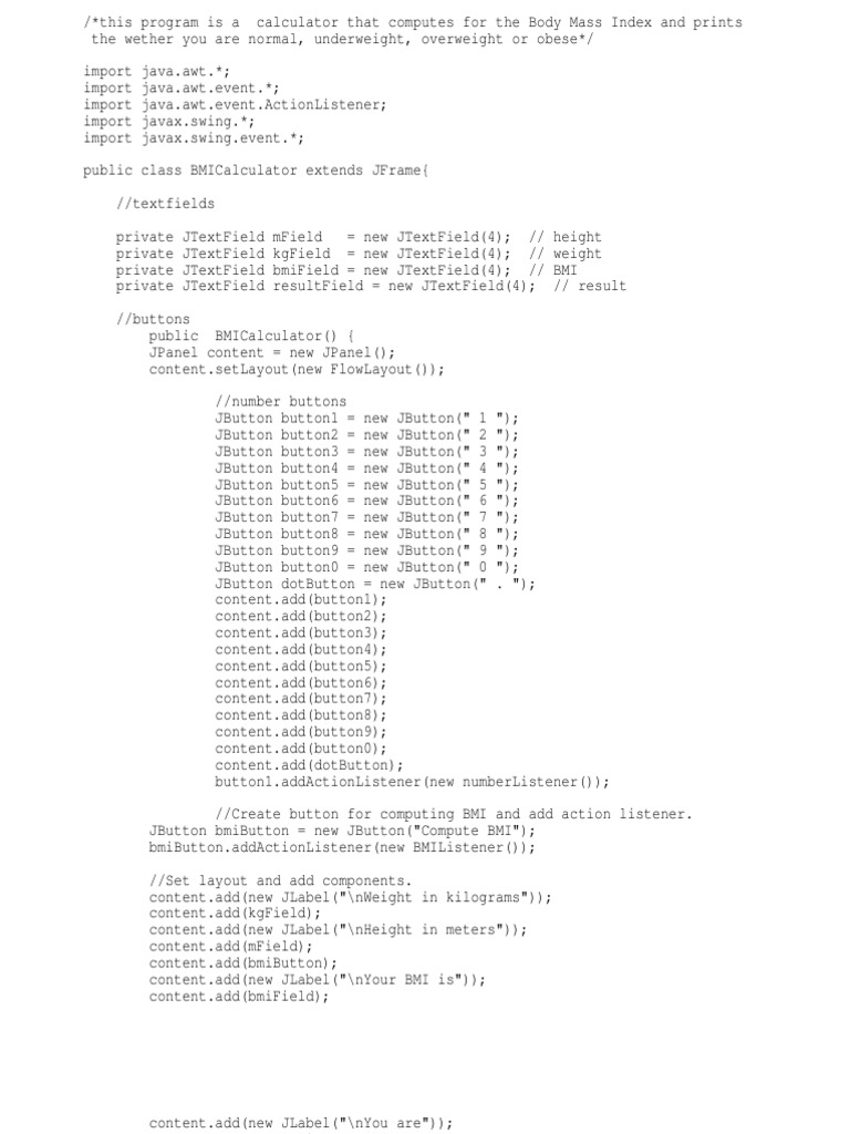BMI Calculator Java PDF Body Mass Index Body Shape