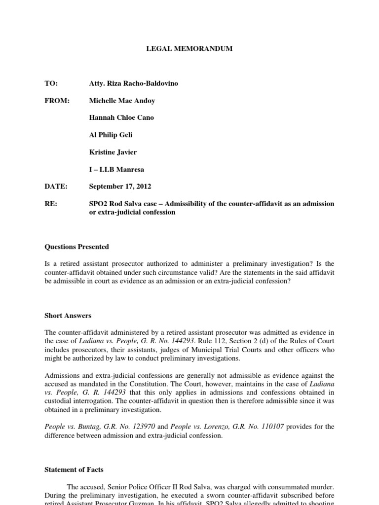 Legal Memorandum Final Confession (Law) Criminal Procedure In