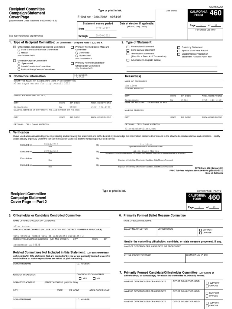 California FPPC Form 460 Campaign Statement | PDF | United States ...