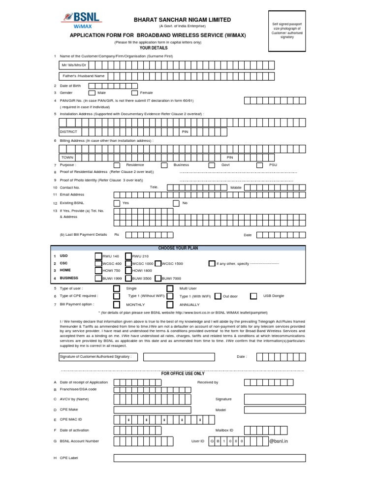 BSNL Broadband Wireless Application Form | PDF | Wi Max | Internet