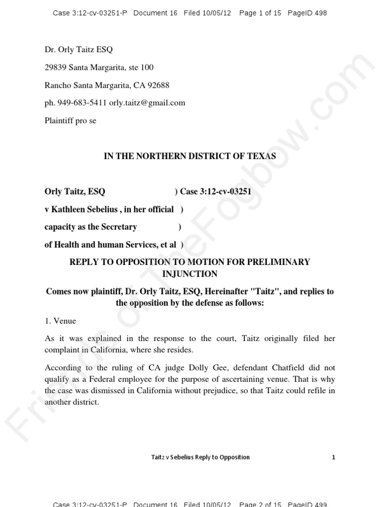 TX - TVS - 2012-10-05 - Taitz Reply To Opp To Motion For Preliminary ...
