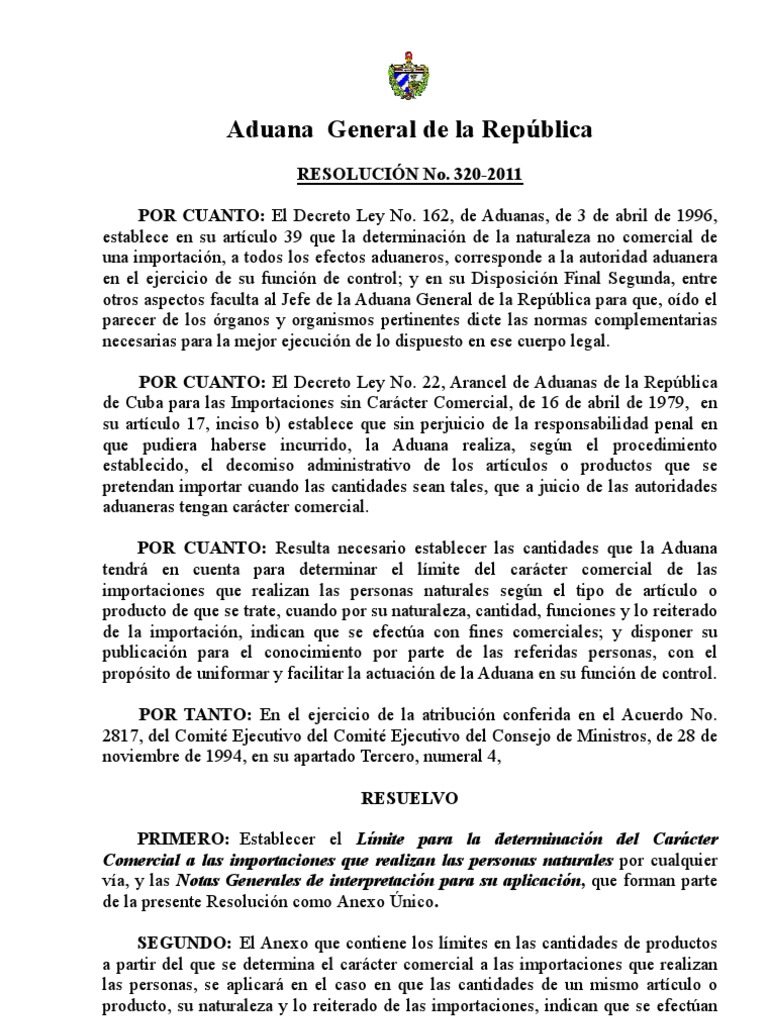 Resolución de la ADUANACuba