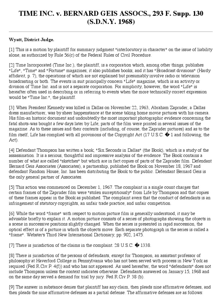 Time Inc. v. Bernard Geis Assocs., 293 F. Supp. 130 (S.d.n.y. 1968 ...