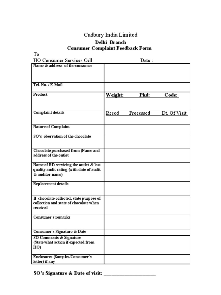 Cadbury Consumer Complaint Form | PDF
