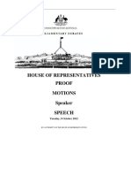 House of Representatives Proof Motions Speaker Speech: Tuesday, 9 October 2012