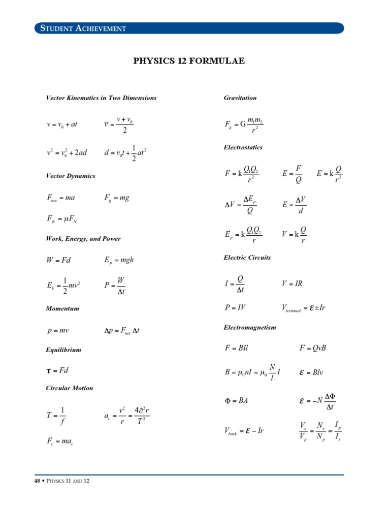 Physics 12 Essential Formulas Guide | PDF