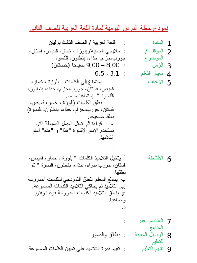 نموذج خطة الدرس اليومية لمادة اللغة العربية للصف الثاني