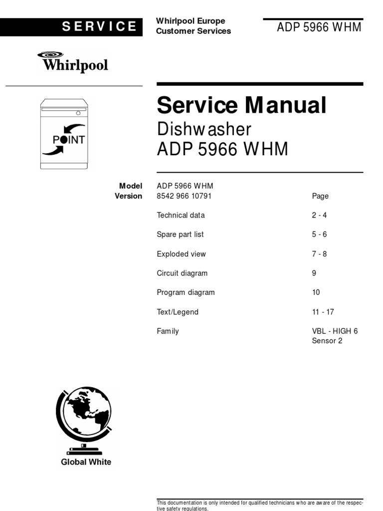 Whirlpool Service Manual Dishwasher ADP5966WHM Version91 | Dishwasher