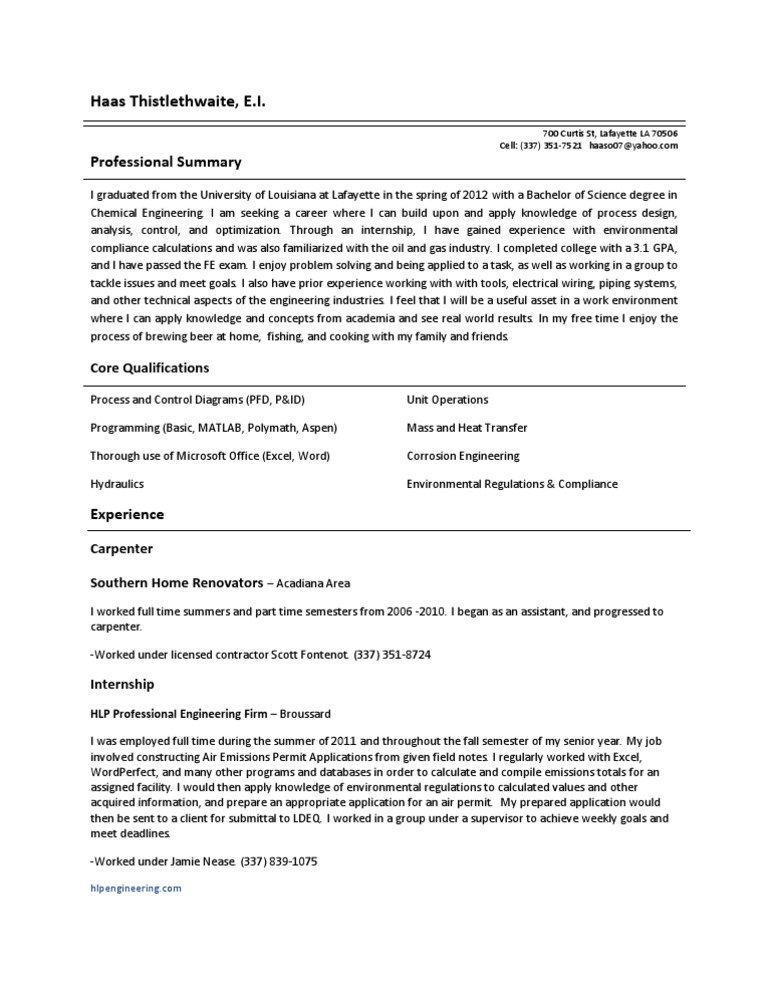Haas Thistlethwaite, E.I.: Professional Summary | PDF