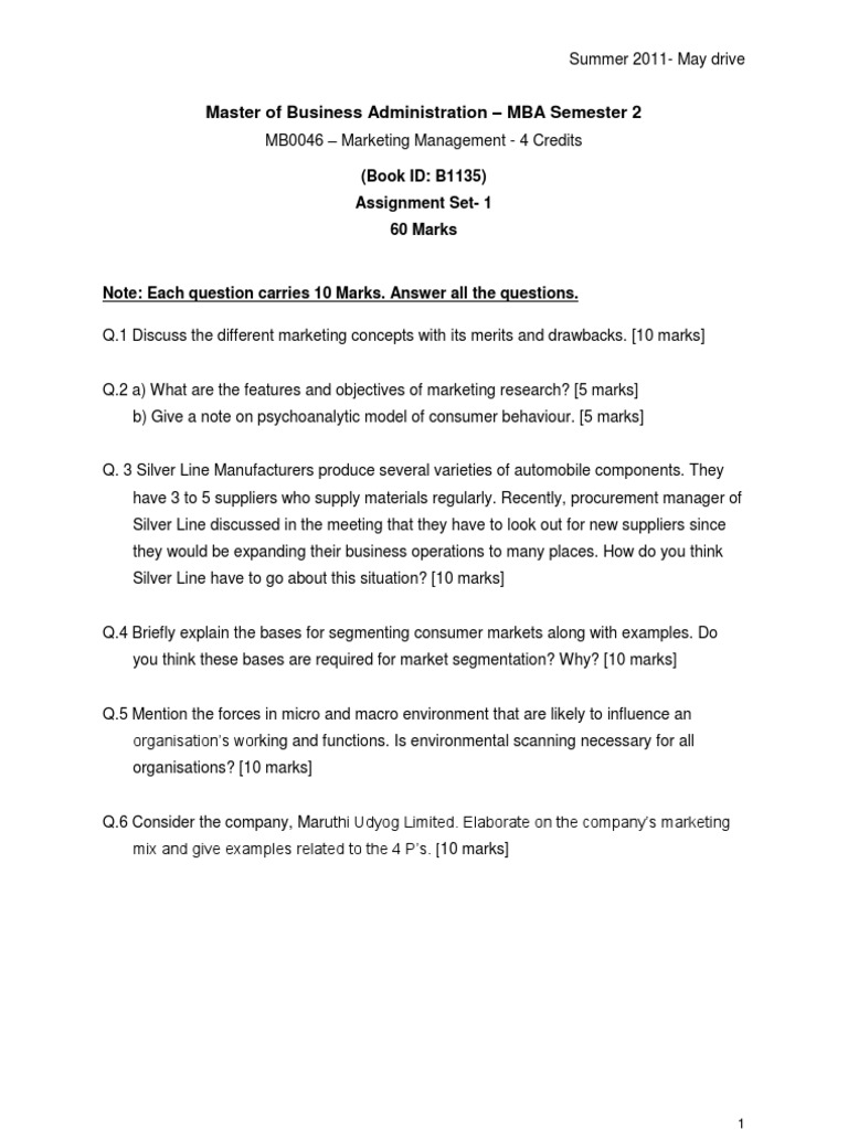 MBA Marketing Management Assignments | PDF | Master Of Business ...