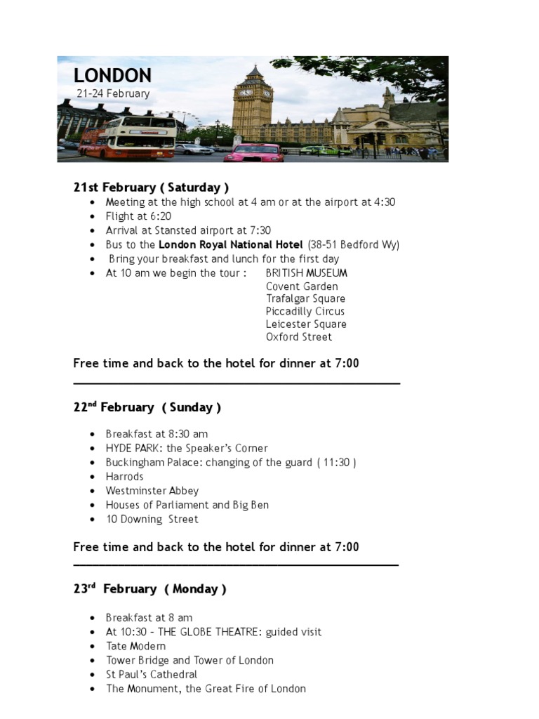 London Trip Itinerary and Activities | PDF