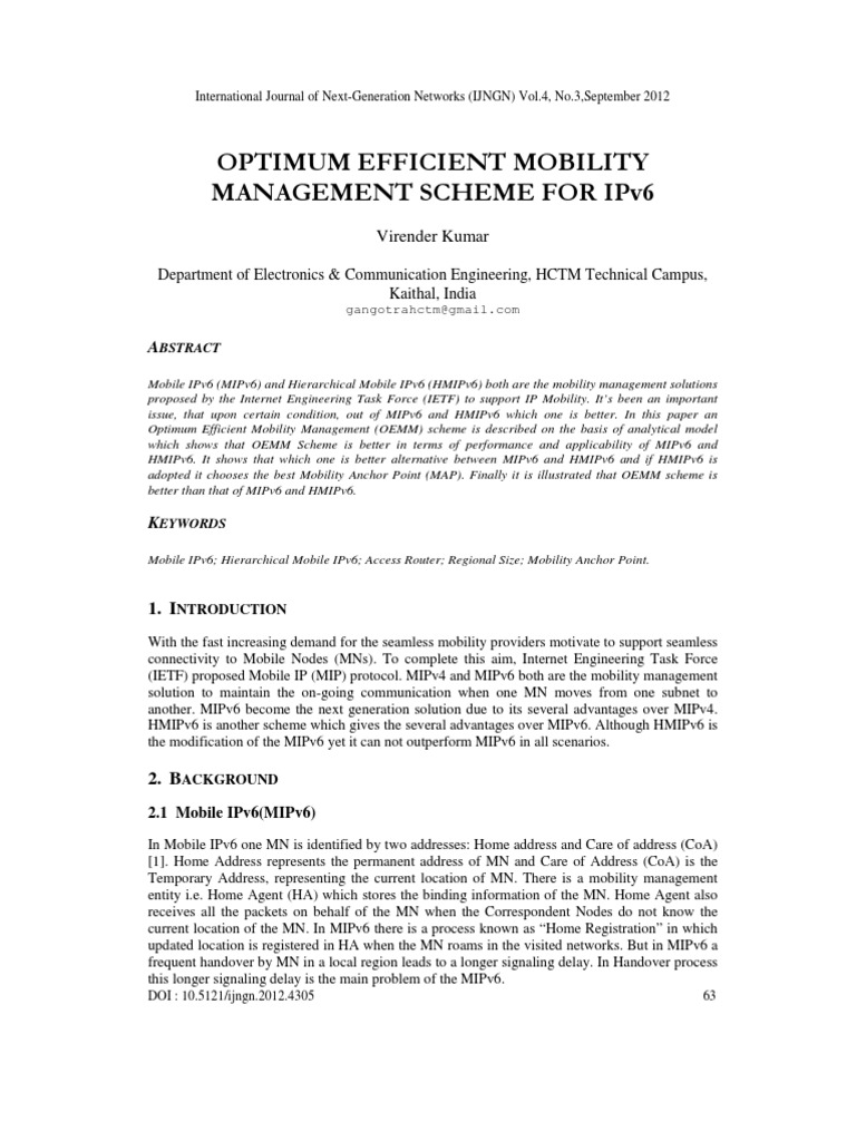 Optimum Efficient Mobility Management Scheme For IPv6 | PDF | I Pv6 ...