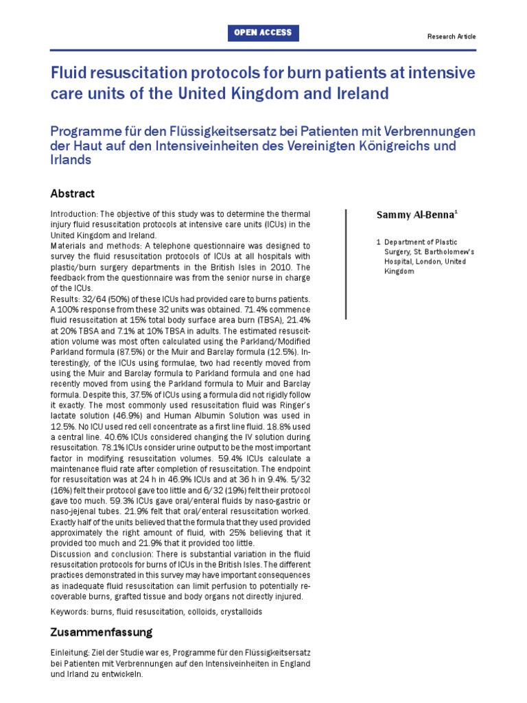 Fluid Resuscitation Protocols For Burn Patients in ICU PDF Burn