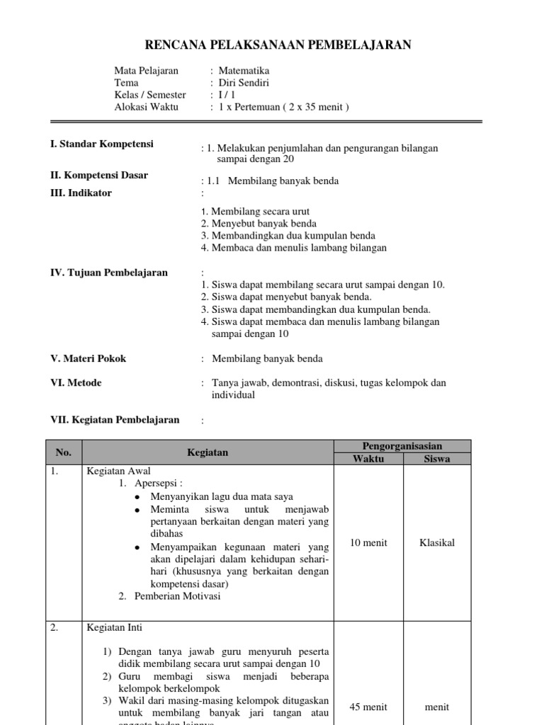 RPP MTK Kelas 1 SD | PDF