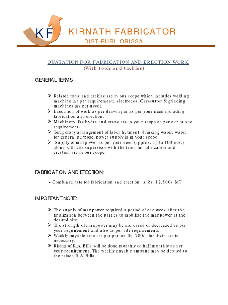 Fabrication and Erection Quotation | PDF | Metal Fabrication ...