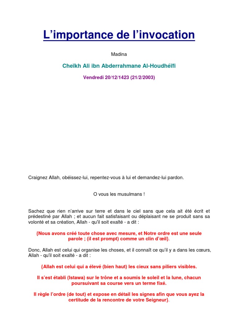 Invocation Pour Que Quelque Chose Se Réalise Pdf L Importance de L Invocation | PDF | Allah | Prière