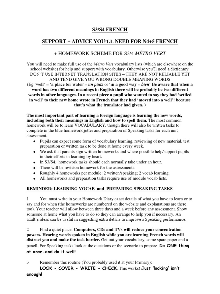 S3/S4 French Homework & Study Guide | PDF | Vocabulary | French Language