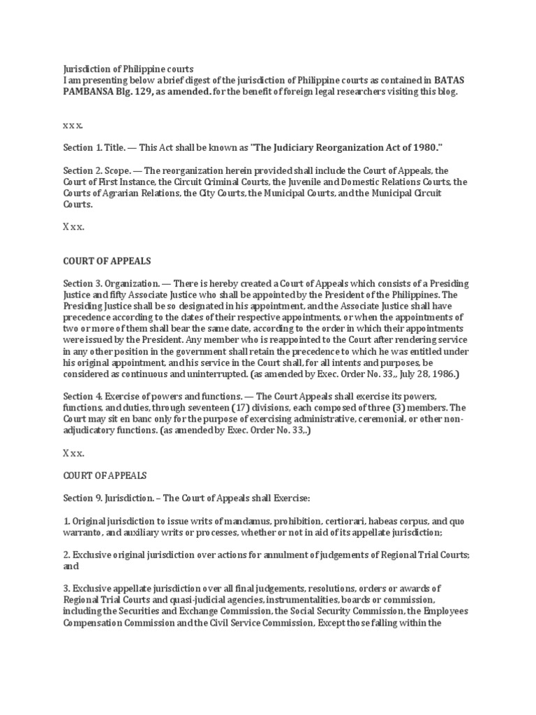 Jurisdiction of Philippine Courts Government Institutions Public Law