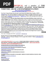 Targeted Individual and A Member of The Worldwide Campaign Against Electronic Torture, Abuse and Experimentation - WWW - Associazionevittimearmielettroniche-Mentali